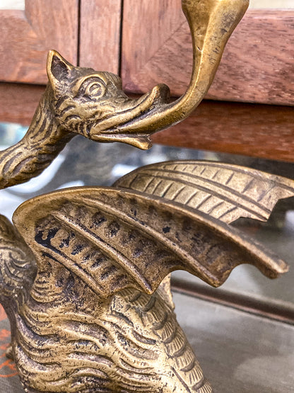 Vintage Pair Italian Sculptural Cast Brass Dragon Form Double Holder Candlesticks