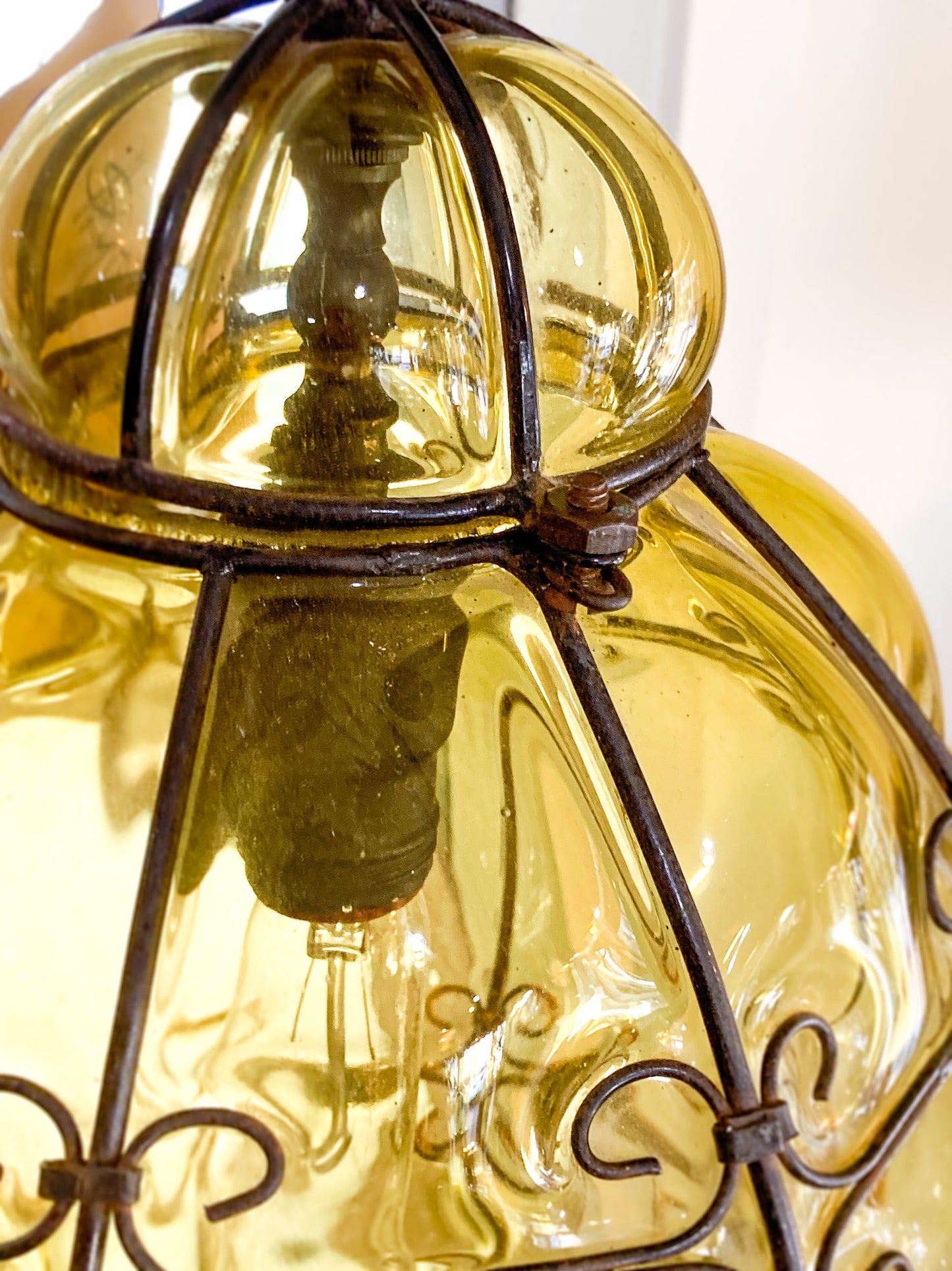 Vintage Italian Hand Blown Bubble Glass Metal Cage Pendant Light Chandelier
