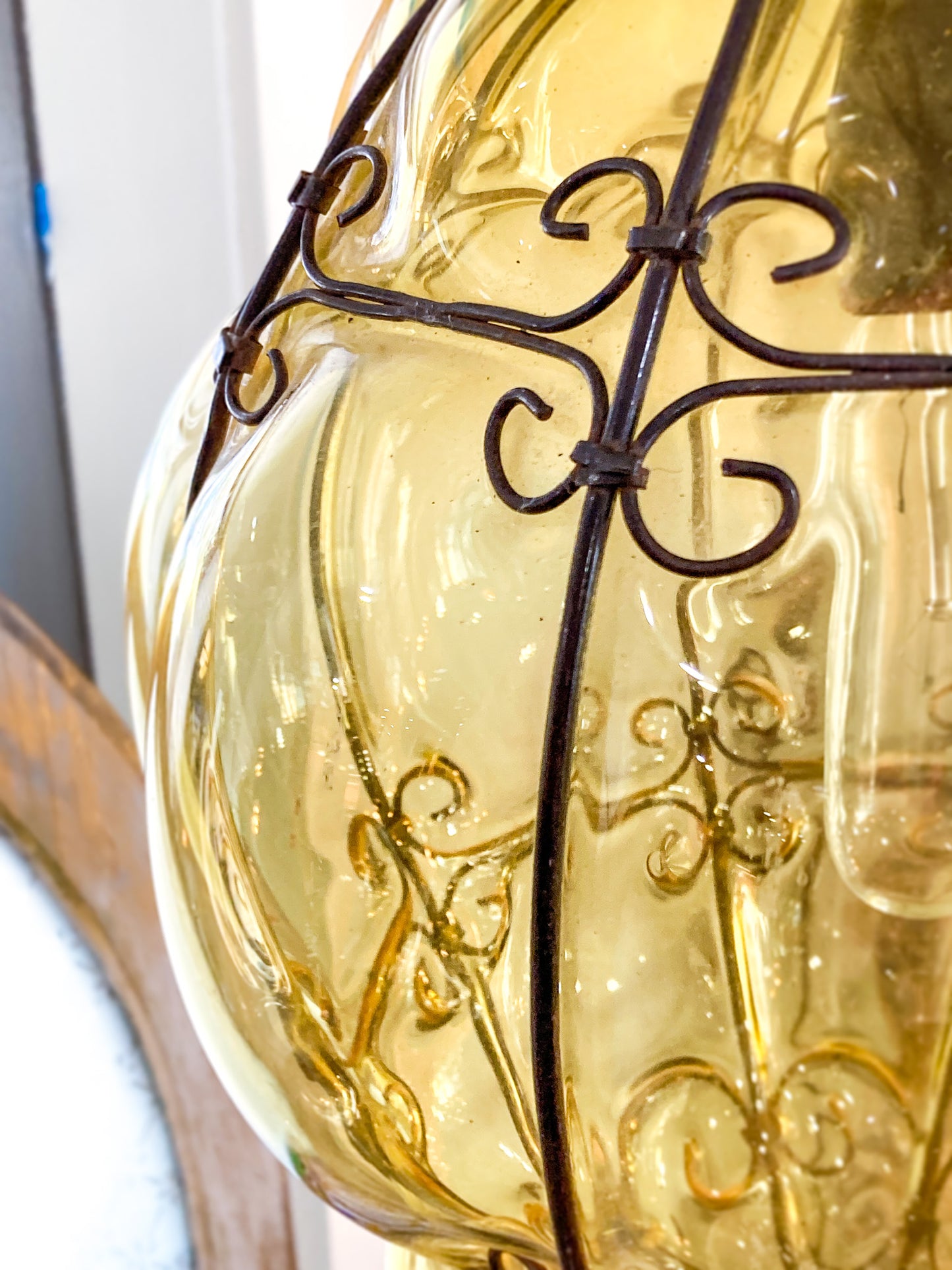 Vintage Italian Hand Blown Bubble Glass Metal Cage Pendant Light Chandelier
