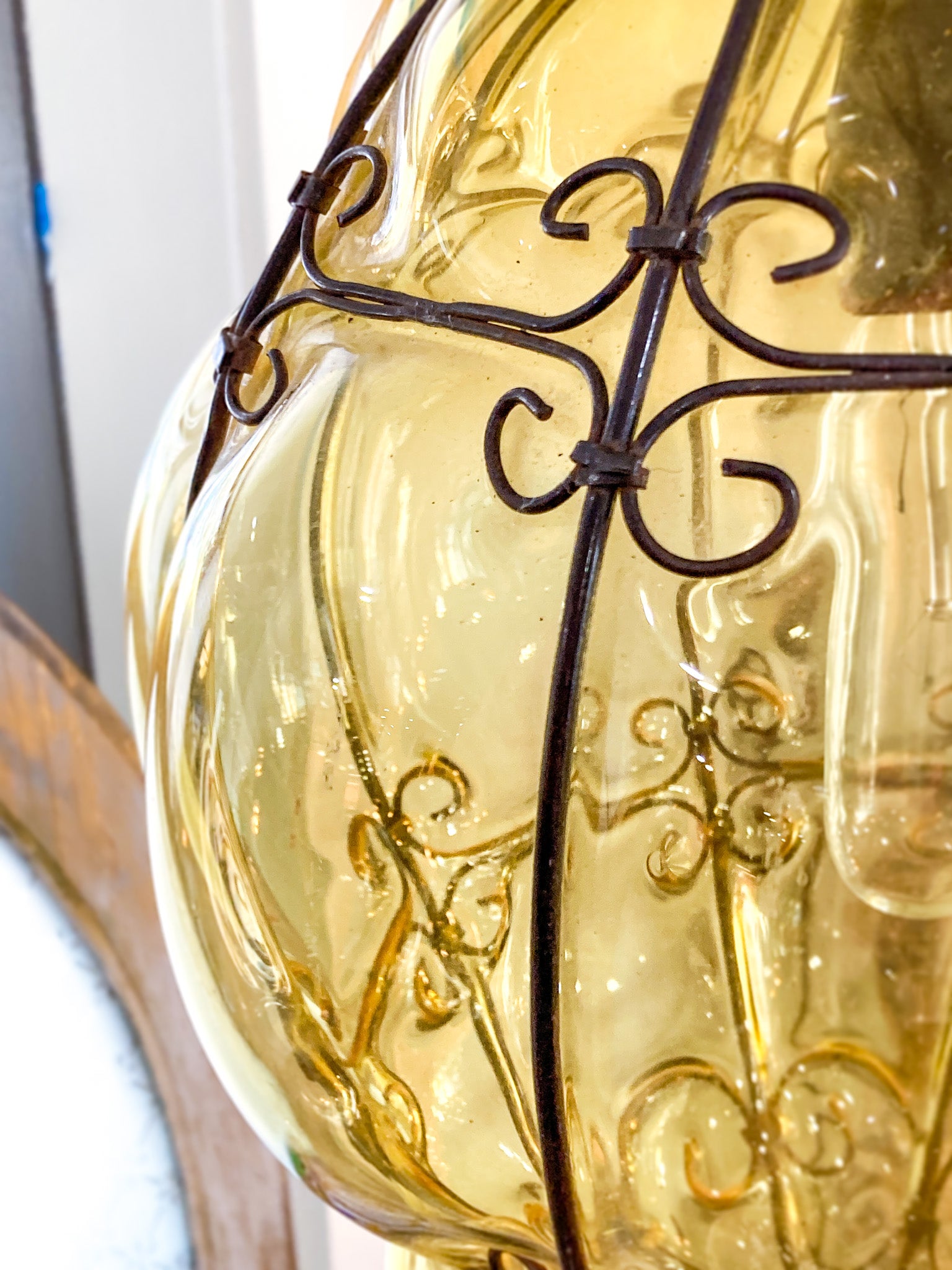 Vintage Italian Hand Blown Bubble Glass Metal Cage Pendant Light Chandelier