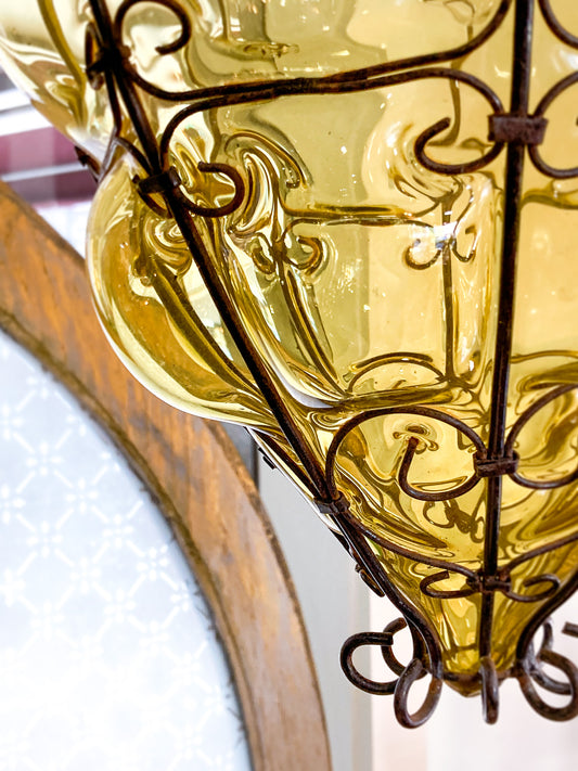 Vintage Italian Hand Blown Bubble Glass Metal Cage Pendant Light Chandelier