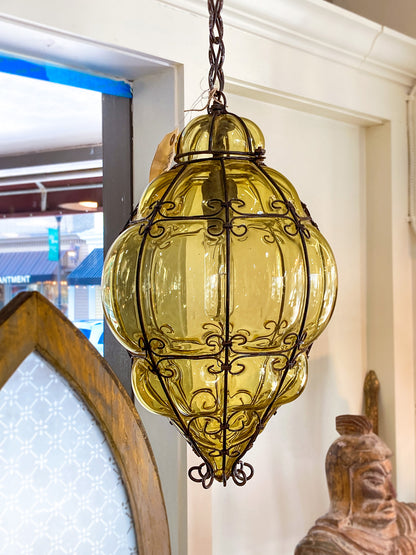 Vintage Italian Hand Blown Bubble Glass Metal Cage Pendant Light Chandelier