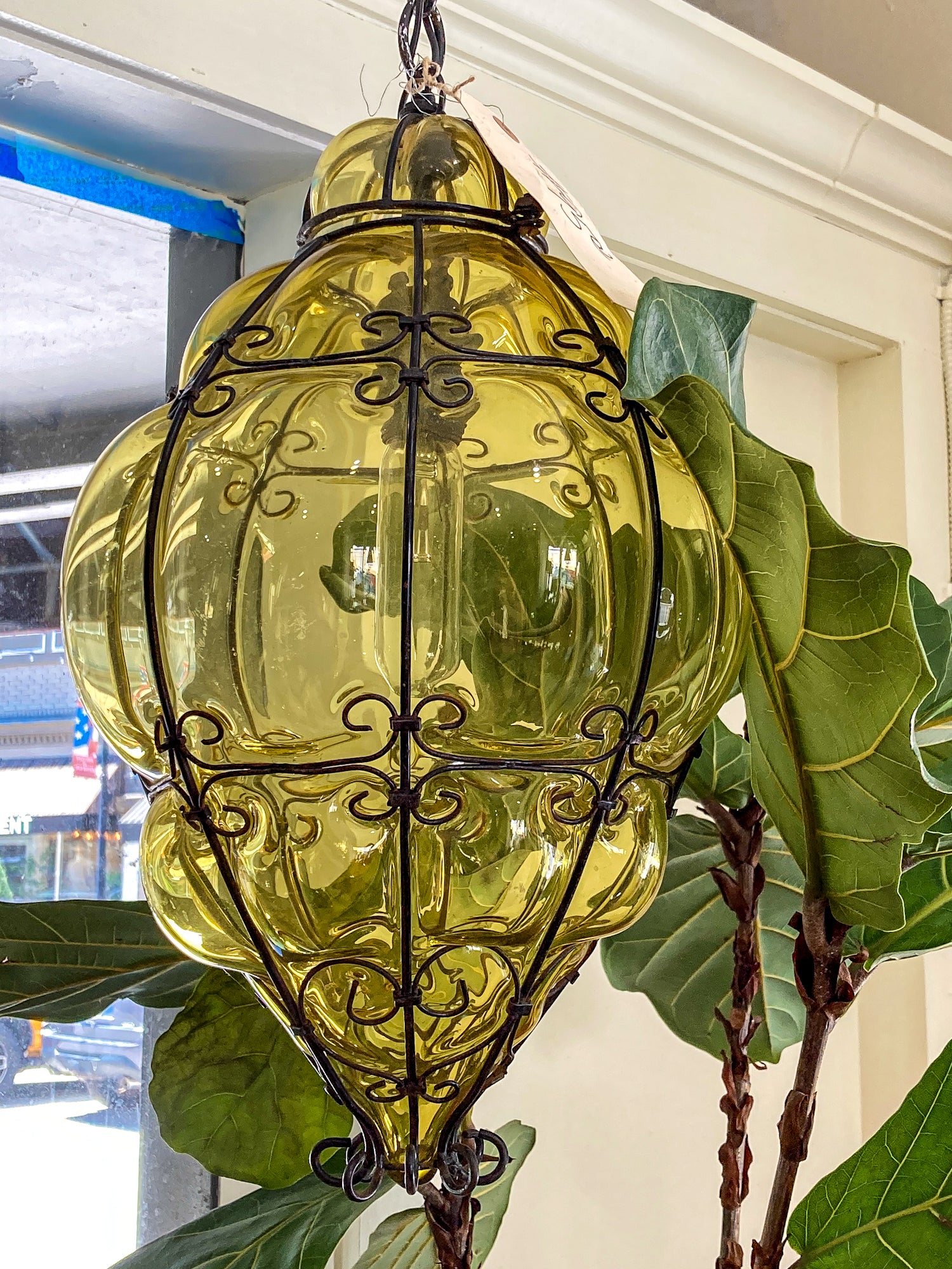 Vintage Italian Hand Blown Bubble Glass Metal Cage Pendant Light Chandelier