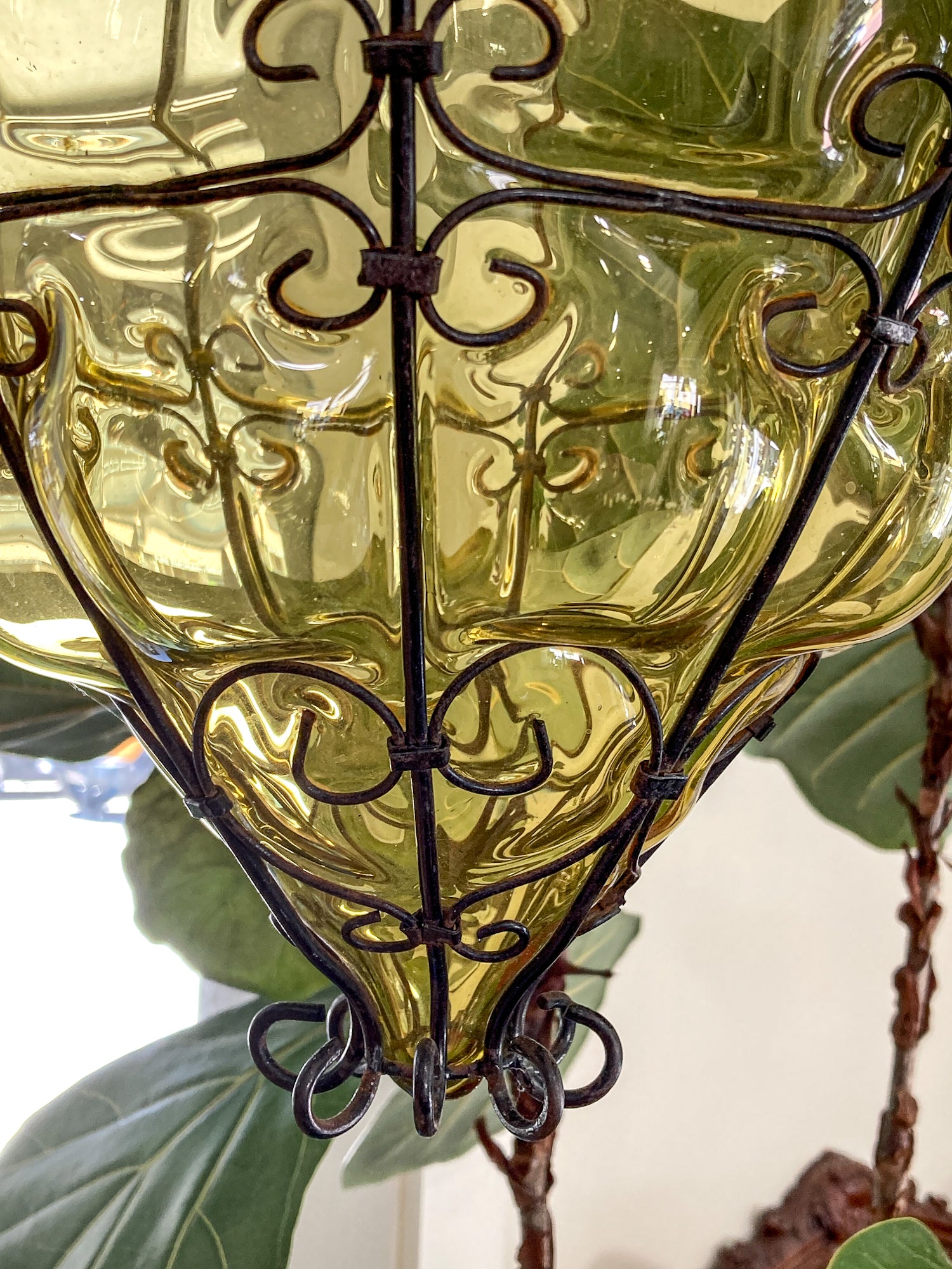 Vintage Italian Hand Blown Bubble Glass Metal Cage Pendant Light Chandelier
