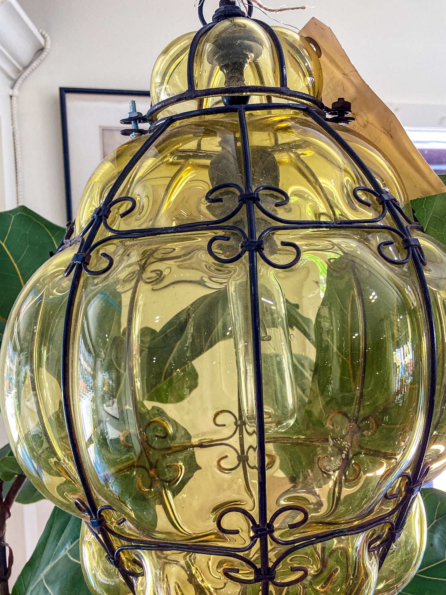 Vintage Italian Hand Blown Bubble Glass Metal Cage Pendant Light Chandelier