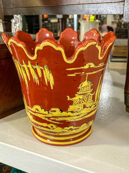 Vintage Italian Hand Painted Red Yellow Tole Cache Style Ceramic Pot