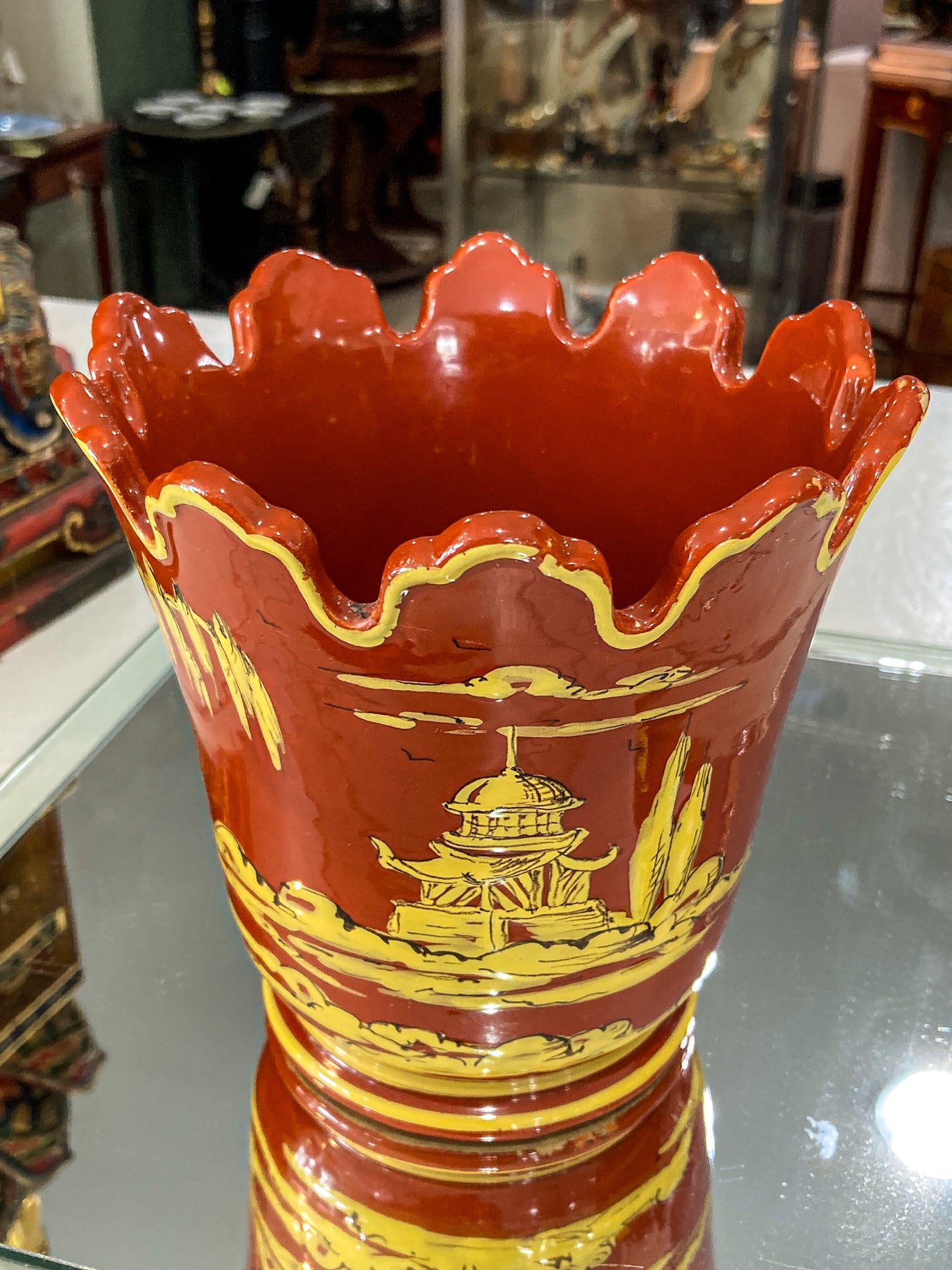 Vintage Italian Hand Painted Red Yellow Tole Cache Style Ceramic Pot