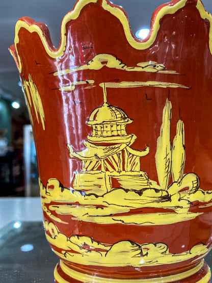 Vintage Italian Hand Painted Red Yellow Tole Cache Style Ceramic Pot