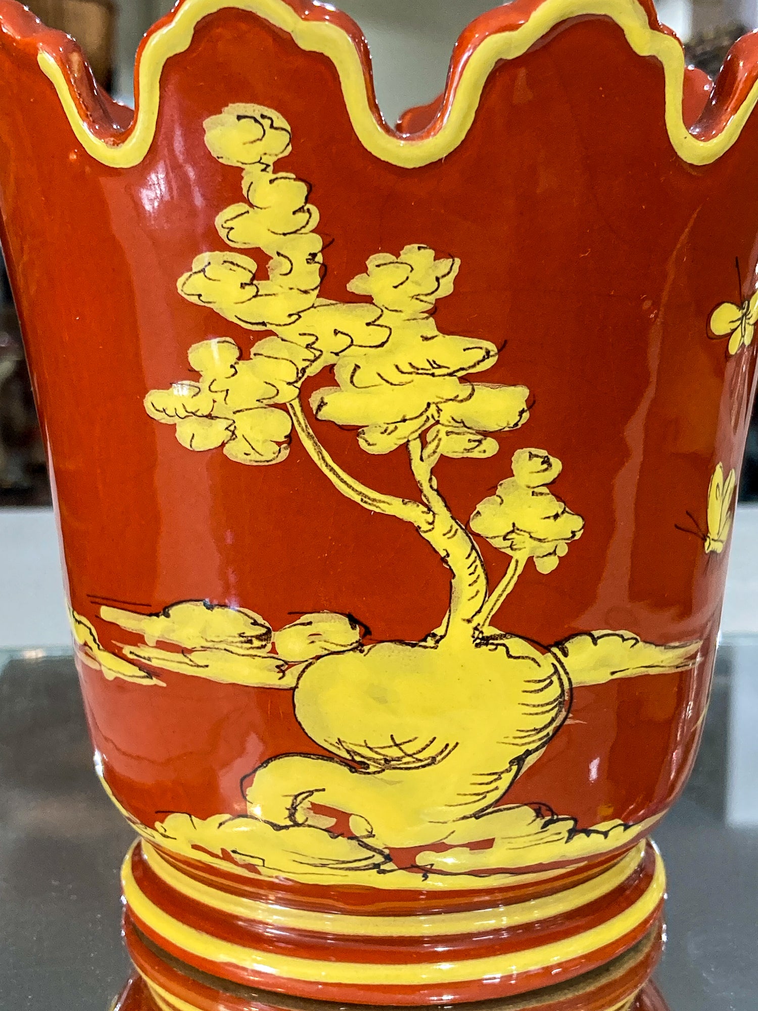 Vintage Italian Hand Painted Red Yellow Tole Cache Style Ceramic Pot
