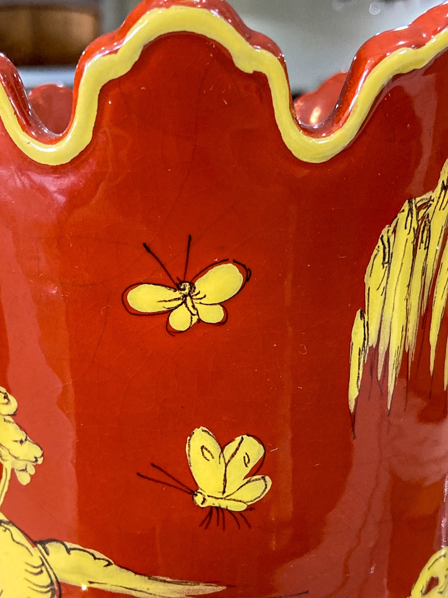 Vintage Italian Hand Painted Red Yellow Tole Cache Style Ceramic Pot
