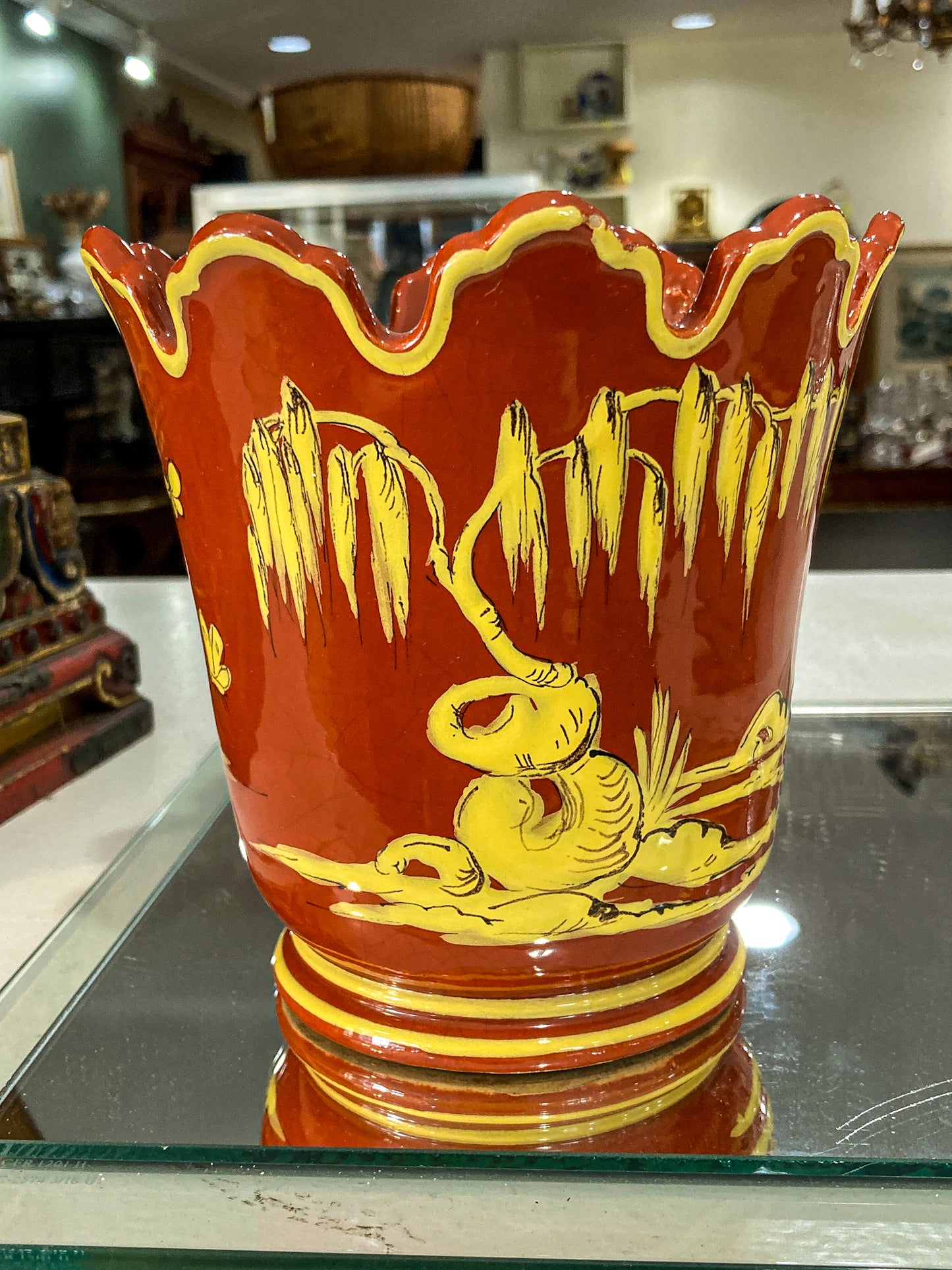 Vintage Italian Hand Painted Red Yellow Tole Cache Style Ceramic Pot