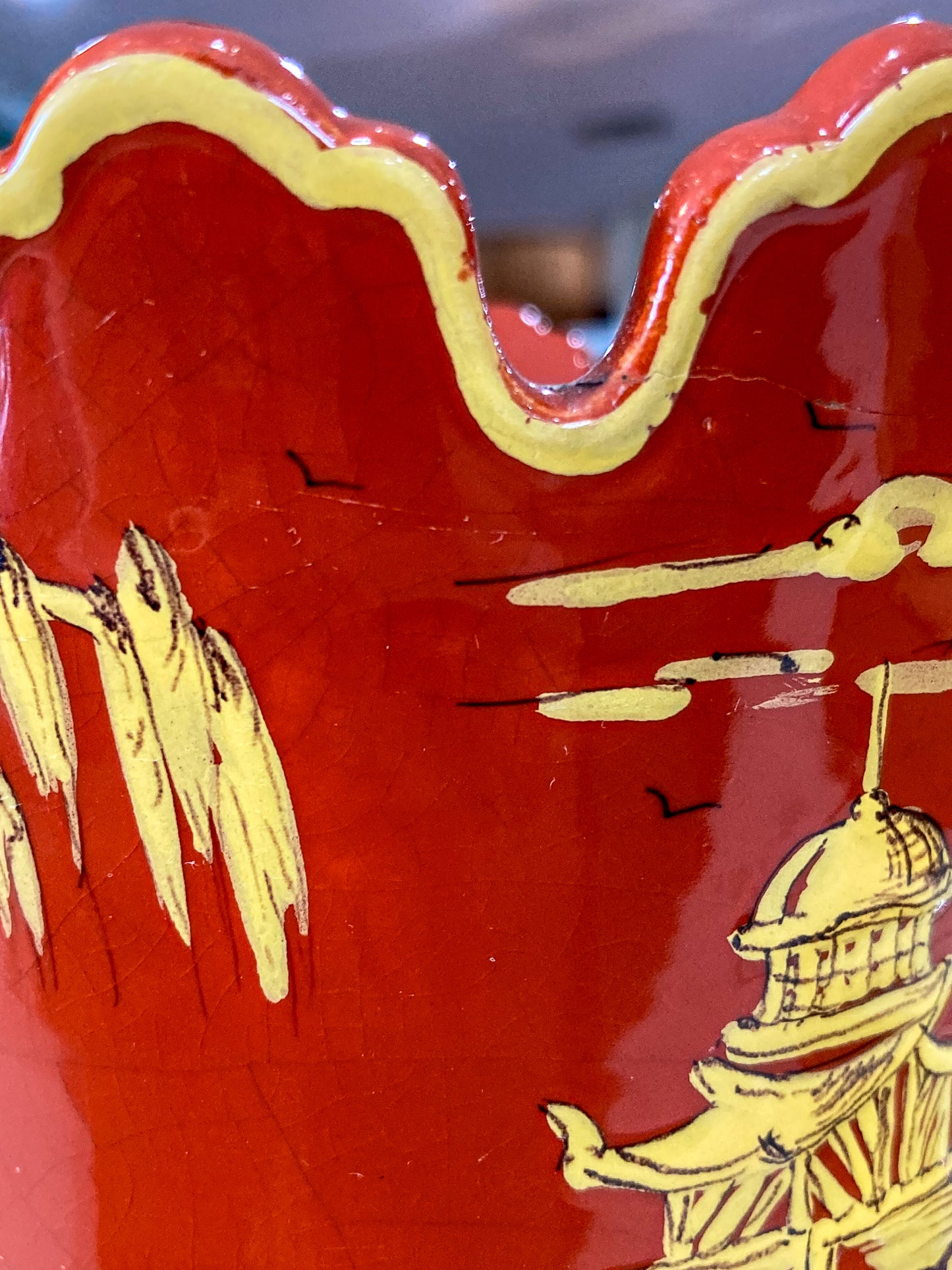 Vintage Italian Hand Painted Red Yellow Tole Cache Style Ceramic Pot