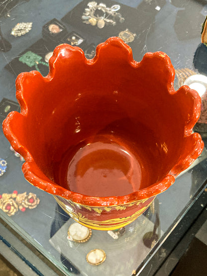 Vintage Italian Hand Painted Red Yellow Tole Cache Style Ceramic Pot
