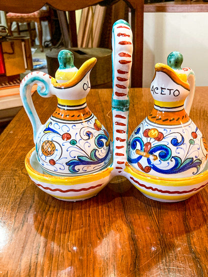Vintage Italian Hand Painted Ceramic Oil Vinegar Cruet Tray Set
