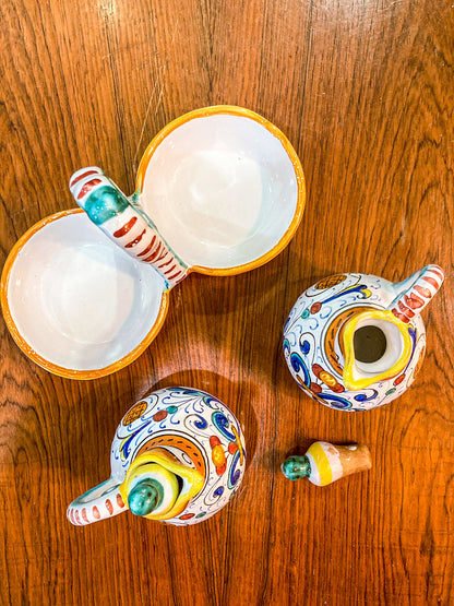 Vintage Italian Hand Painted Ceramic Oil Vinegar Cruet Tray Set