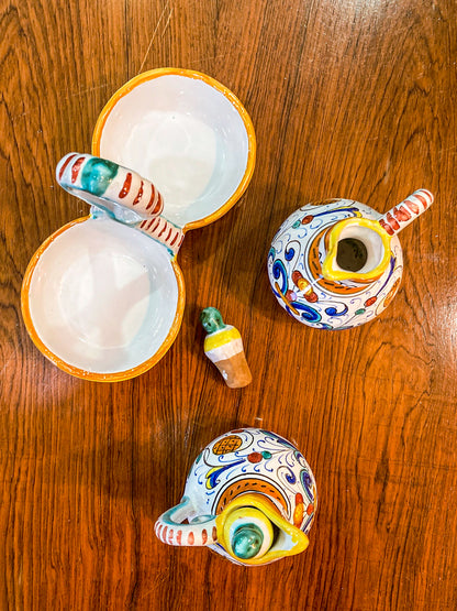 Vintage Italian Hand Painted Ceramic Oil Vinegar Cruet Tray Set