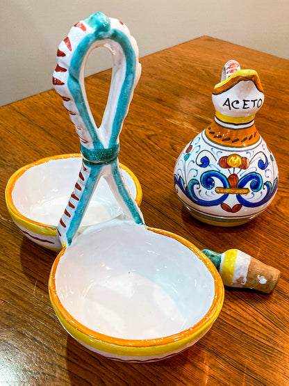 Vintage Italian Hand Painted Ceramic Oil Vinegar Cruet Tray Set