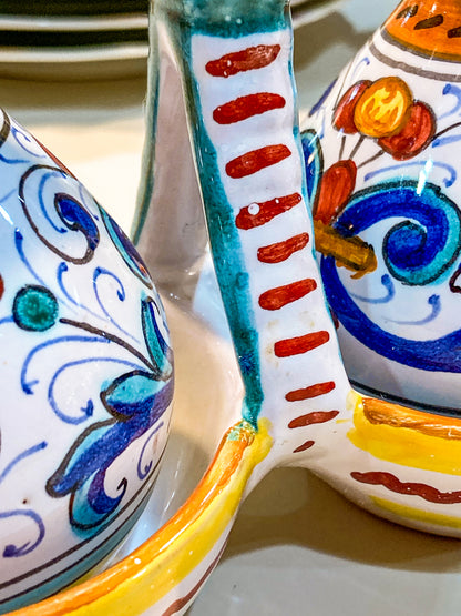 Vintage Italian Hand Painted Ceramic Oil Vinegar Cruet Tray Set