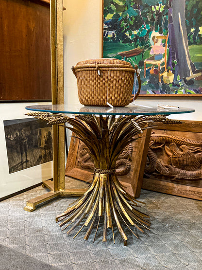 Vintage Italian Hollywood Regency Gold Metal Wheat Sheaf Glass Top Side Table