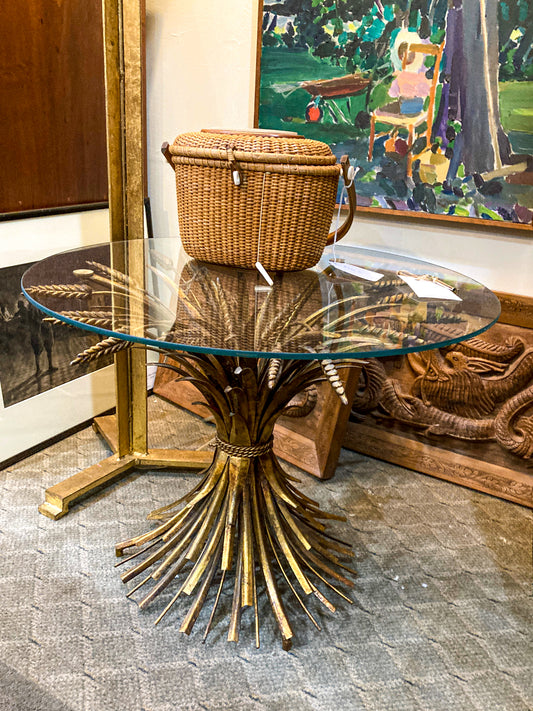 Vintage Italian Hollywood Regency Gold Metal Wheat Sheaf Glass Top Side Table