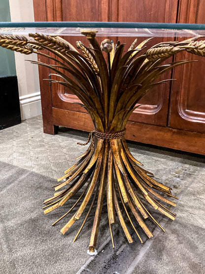 Vintage Italian Hollywood Regency Gold Metal Wheat Sheaf Glass Top Side Table