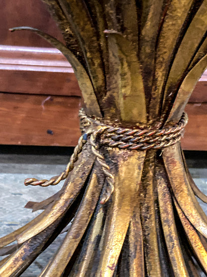 Vintage Italian Hollywood Regency Gold Metal Wheat Sheaf Glass Top Side Table
