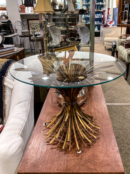 Vintage Italian Hollywood Regency Gold Metal Wheat Sheaf Glass Top Side Table