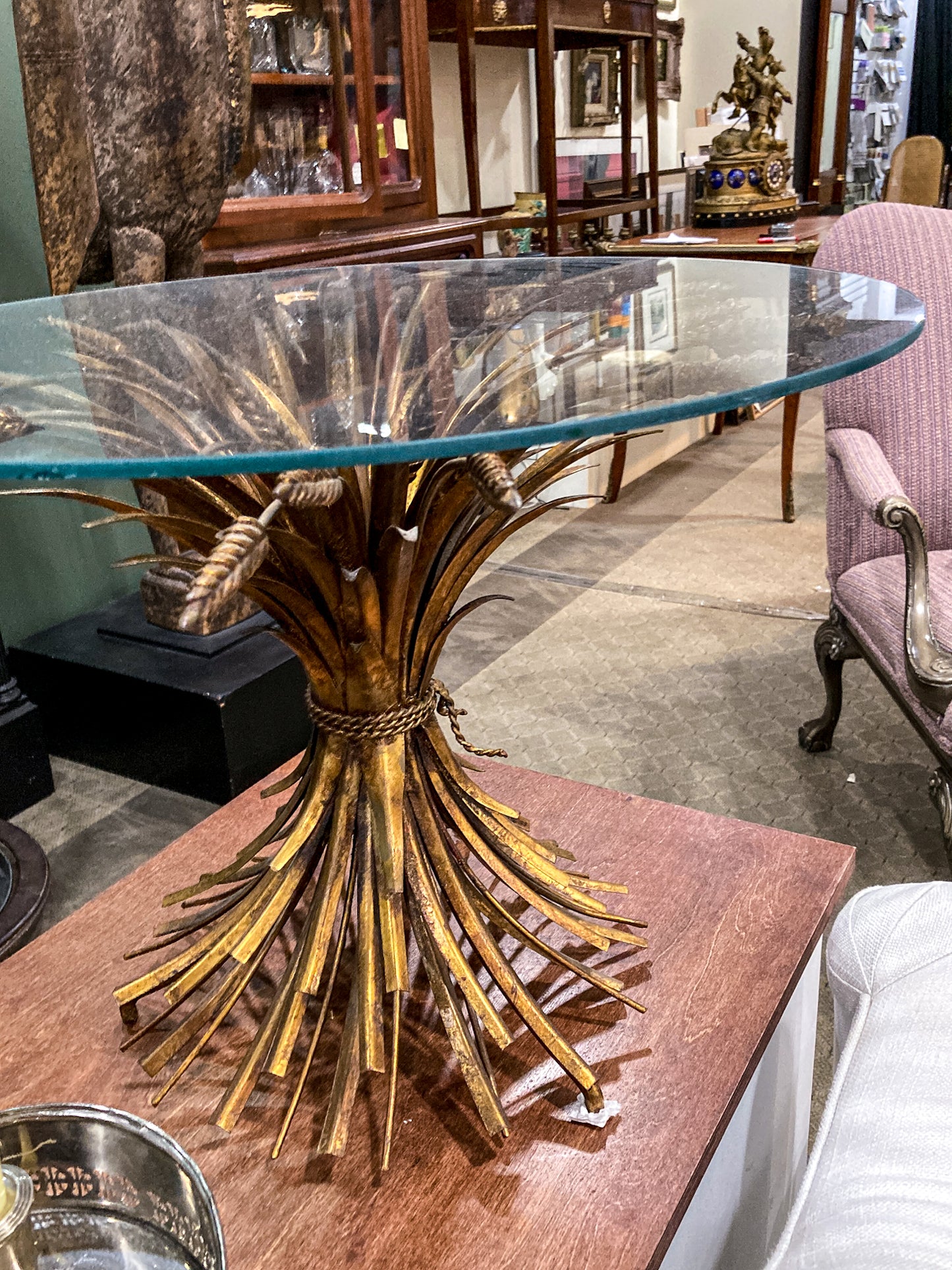Vintage Italian Hollywood Regency Gold Metal Wheat Sheaf Glass Top Side Table