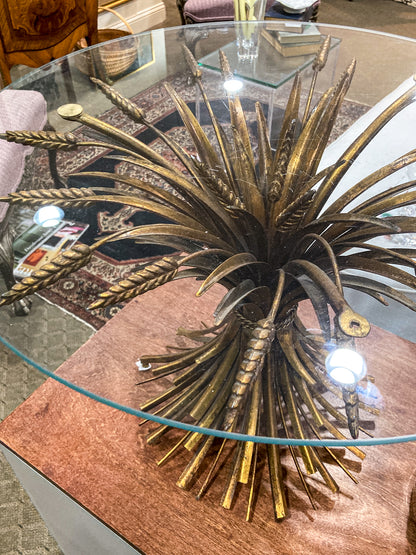 Vintage Italian Hollywood Regency Gold Metal Wheat Sheaf Glass Top Side Table