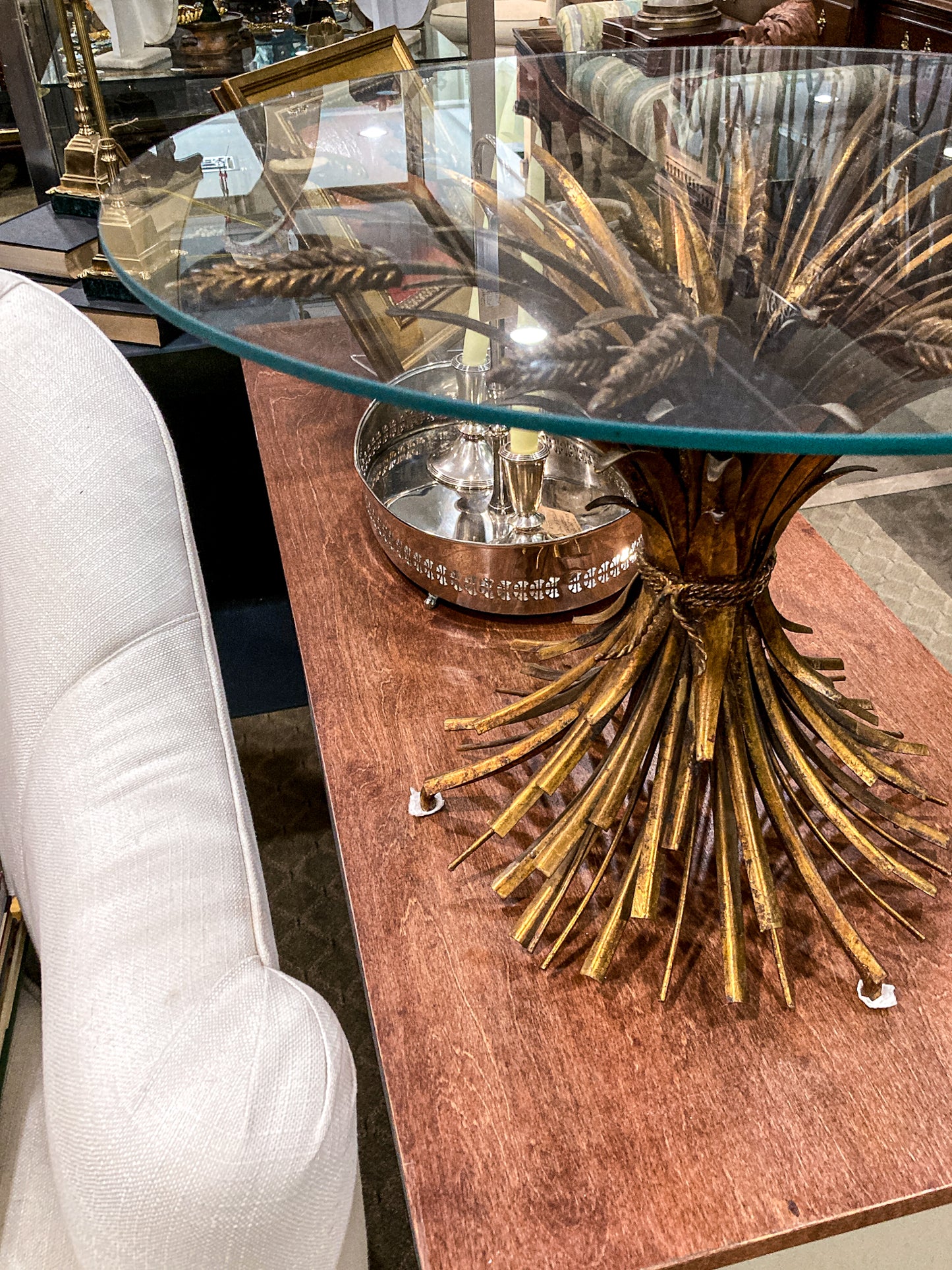 Vintage Italian Hollywood Regency Gold Metal Wheat Sheaf Glass Top Side Table