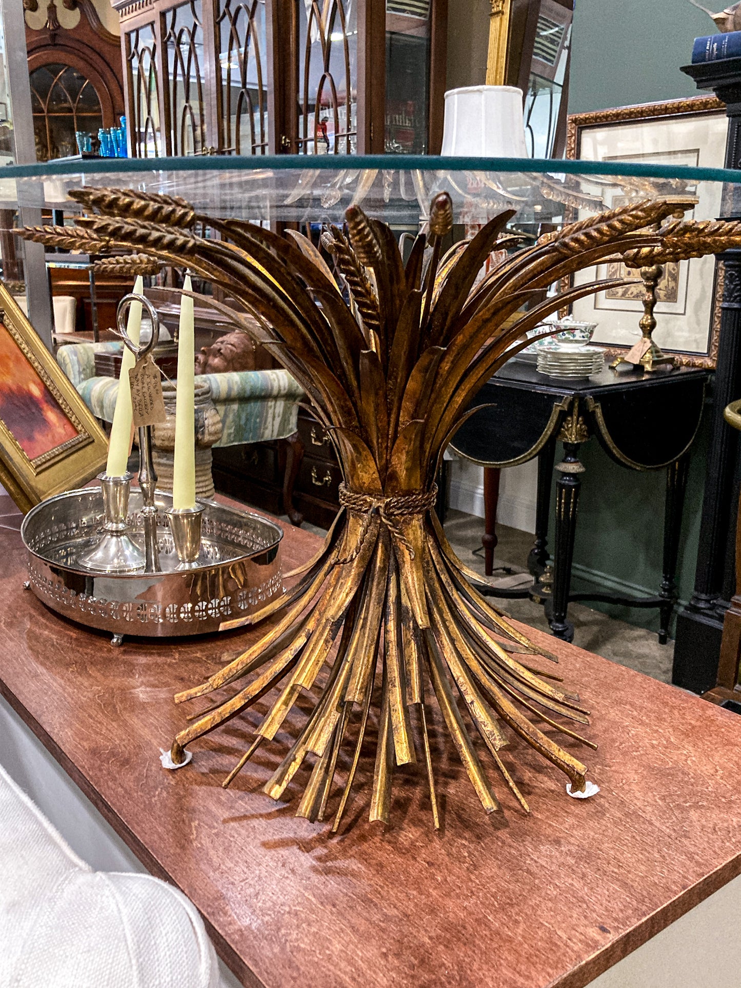 Vintage Italian Hollywood Regency Gold Metal Wheat Sheaf Glass Top Side Table