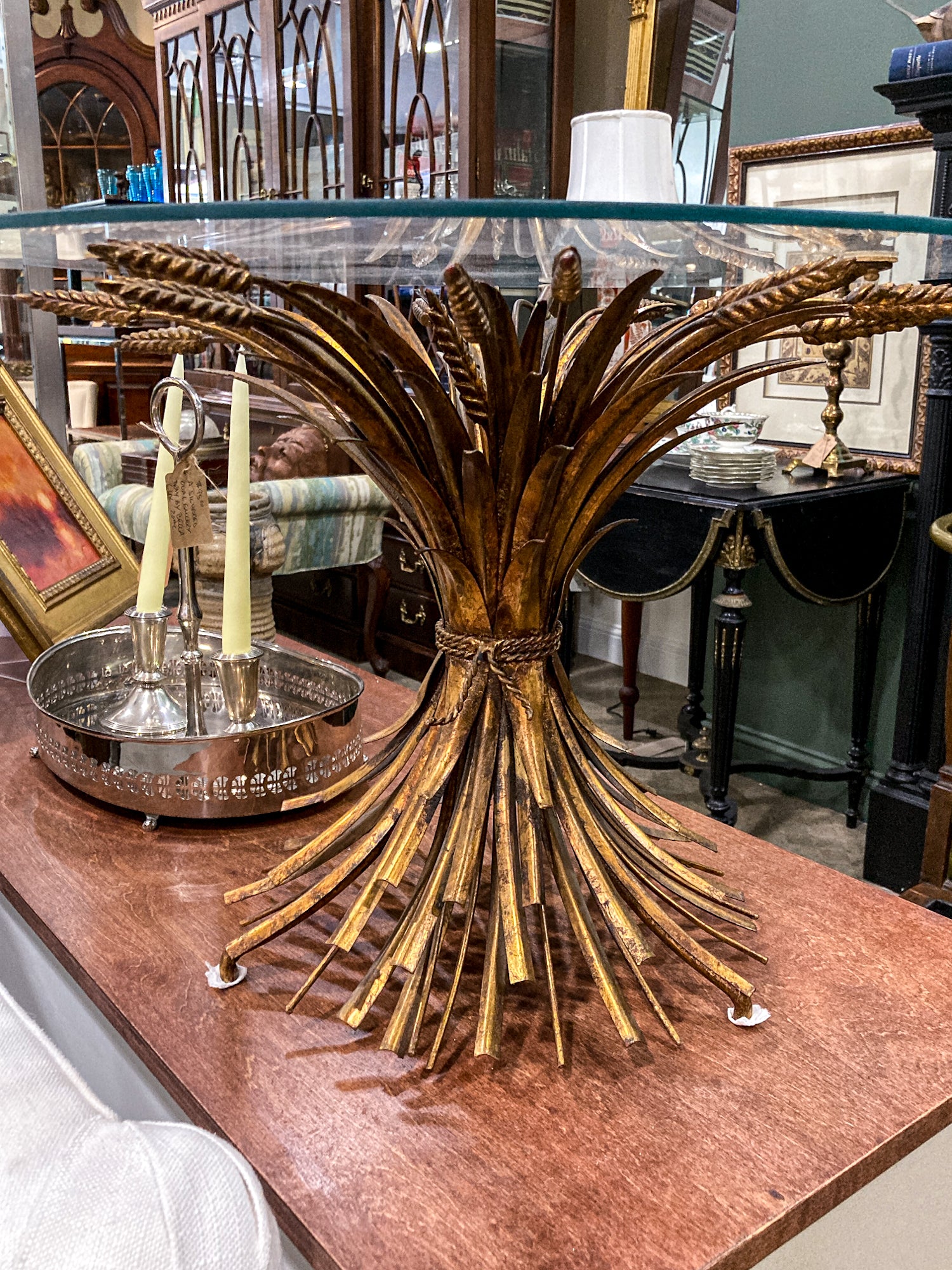 Vintage Italian Hollywood Regency Gold Metal Wheat Sheaf Glass Top Side Table