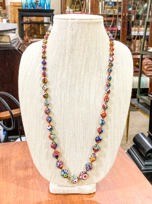 Vintage Italian Murano Millefiori Multicolor Graduated Glass Beaded Long Necklace