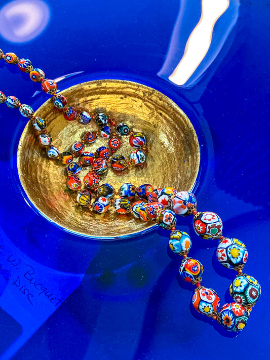 Vintage Italian Murano Millefiori Multicolor Graduated Glass Beaded Long Necklace