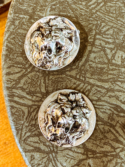 Vintage Particolari Italian Silver Toned Lion Head Clip On Earrings