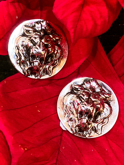 Vintage Particolari Italian Silver Toned Lion Head Clip On Earrings