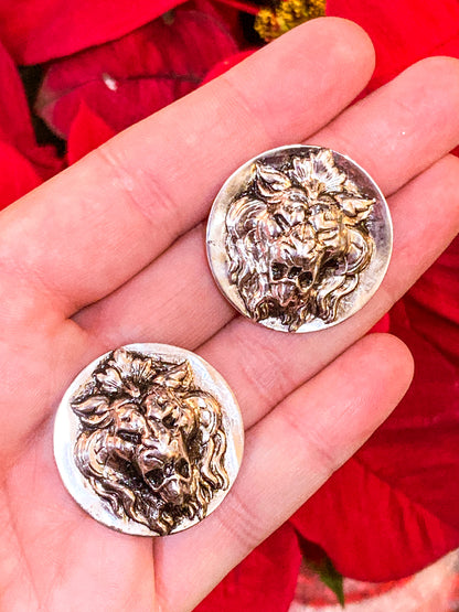Vintage Particolari Italian Silver Toned Lion Head Clip On Earrings