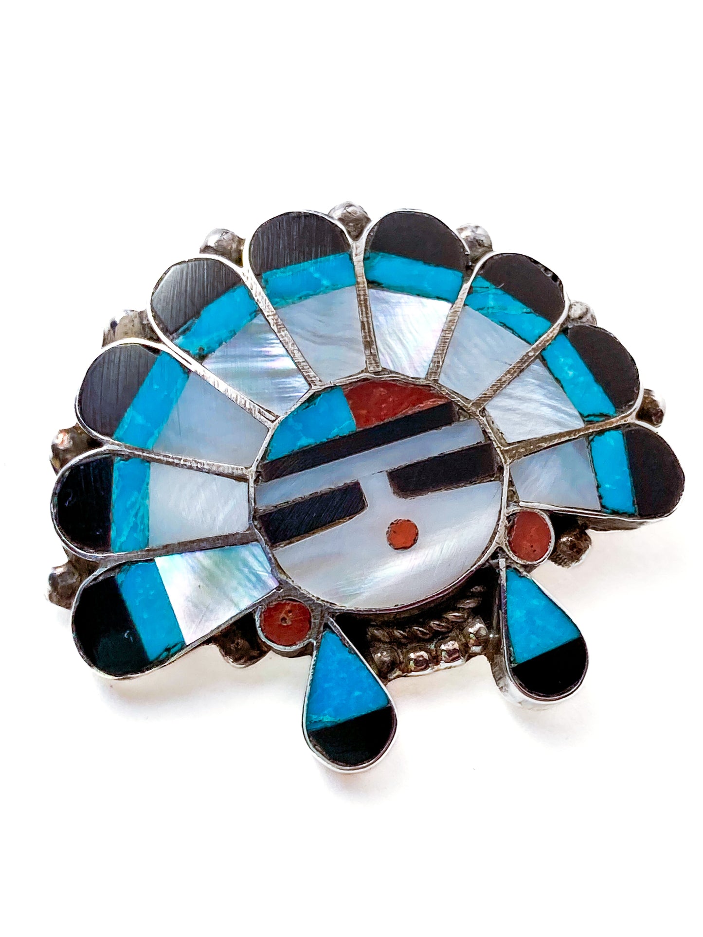 Vintage Zuni Sunface Sterling Silver Stone Inlay Pendant Brooch Pin