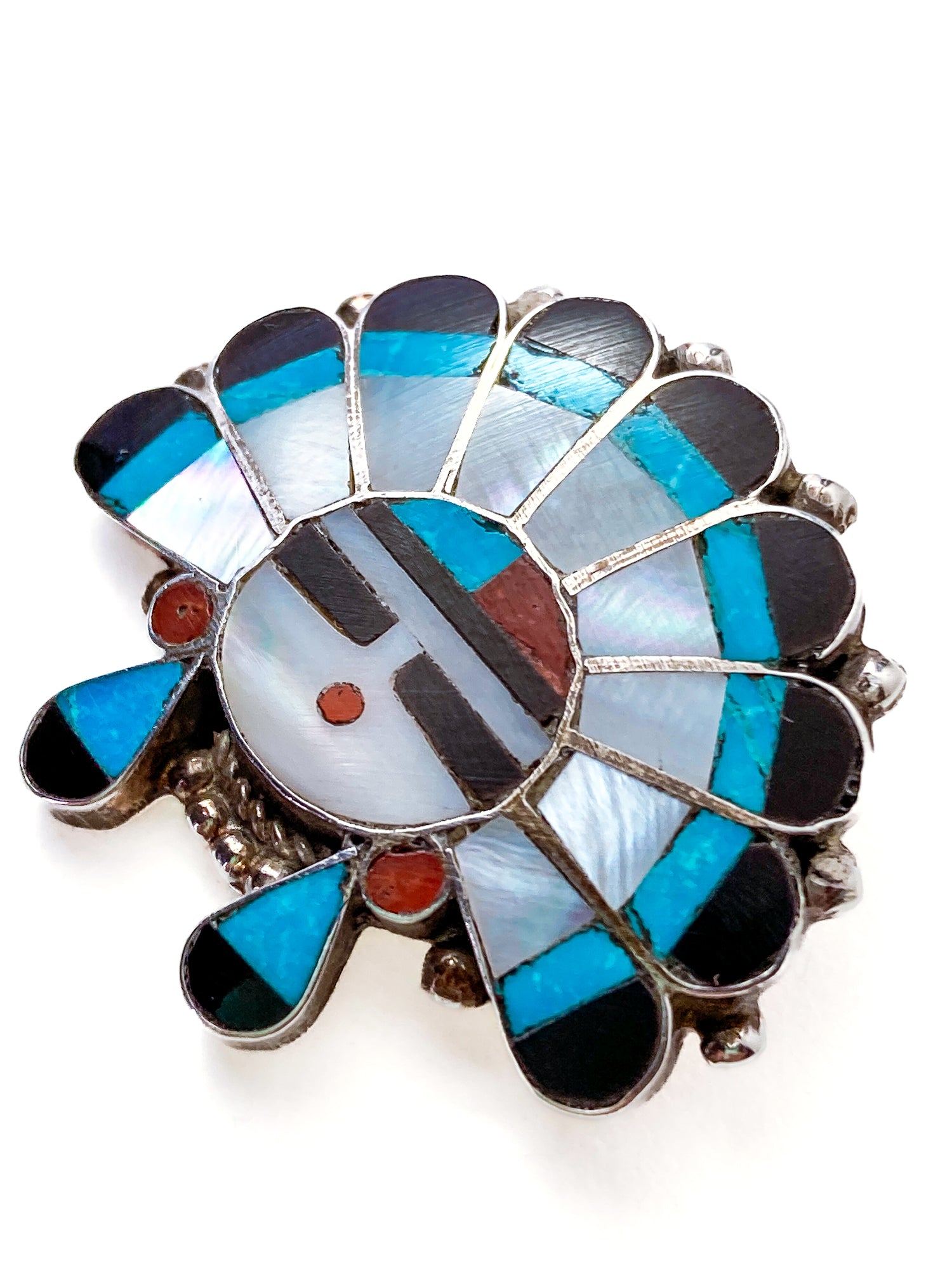 Vintage Zuni Sunface Sterling Silver Stone Inlay Pendant Brooch Pin