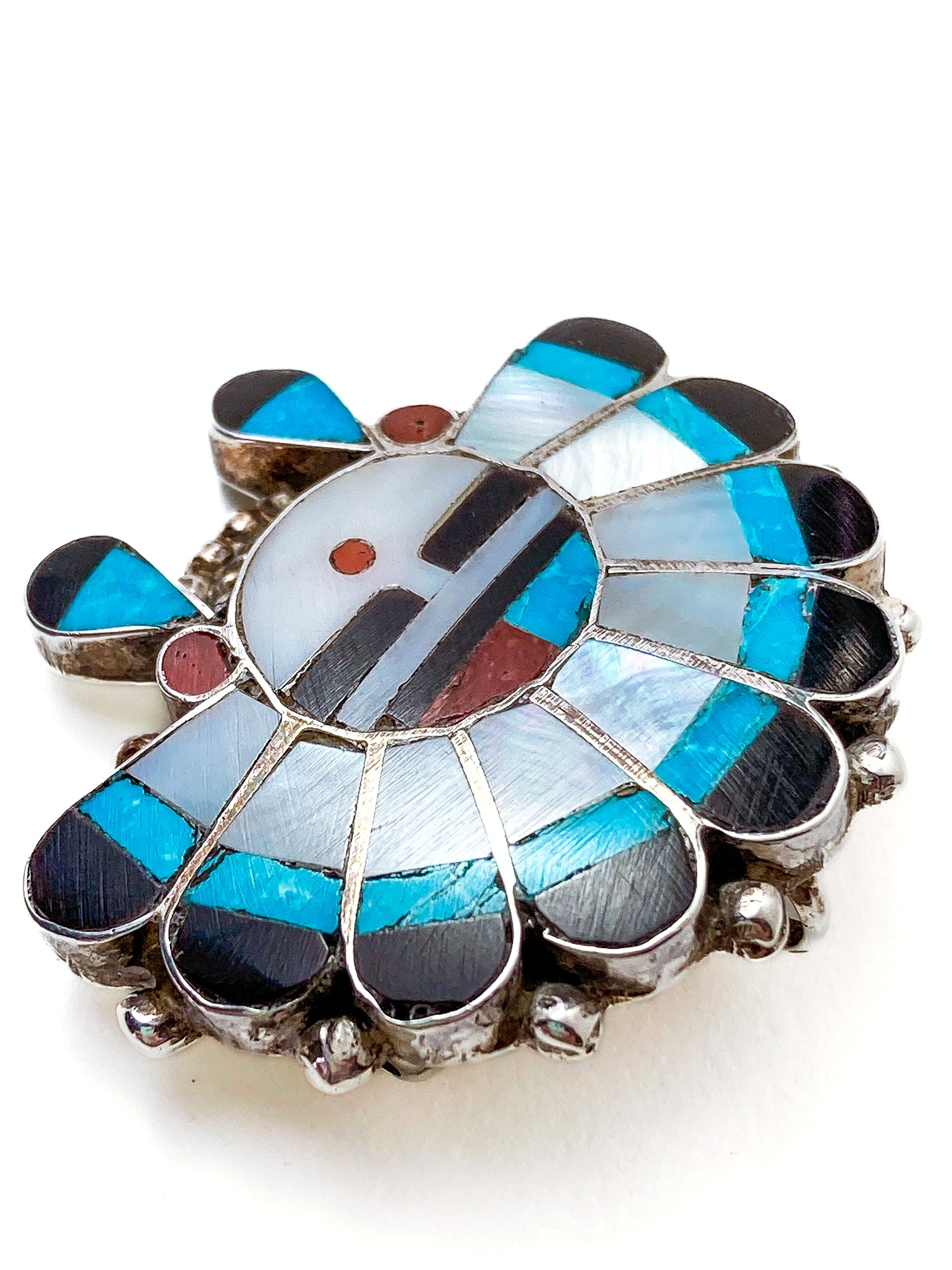 Vintage Zuni Sunface Sterling Silver Stone Inlay Pendant Brooch Pin