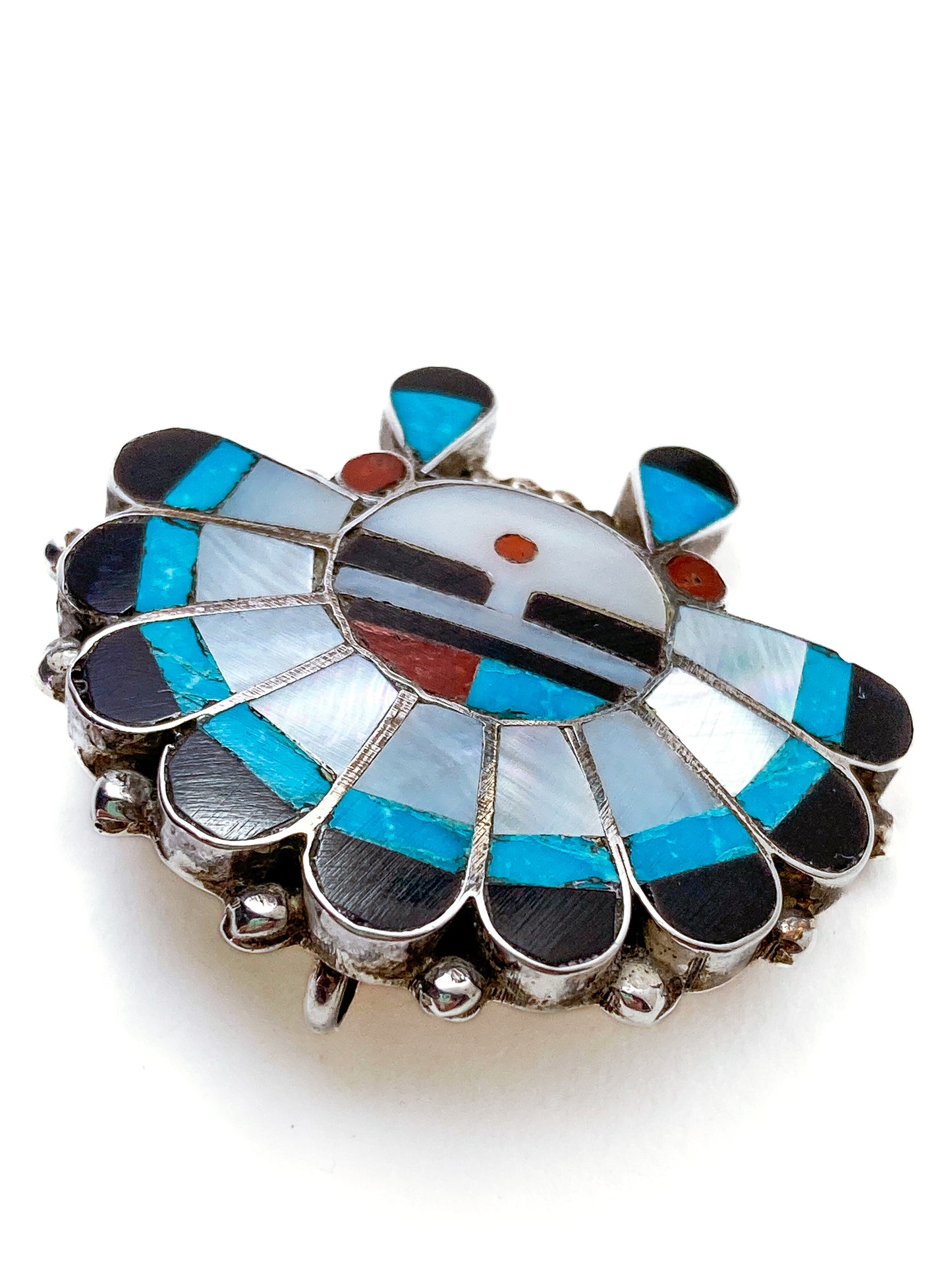 Vintage Zuni Sunface Sterling Silver Stone Inlay Pendant Brooch Pin