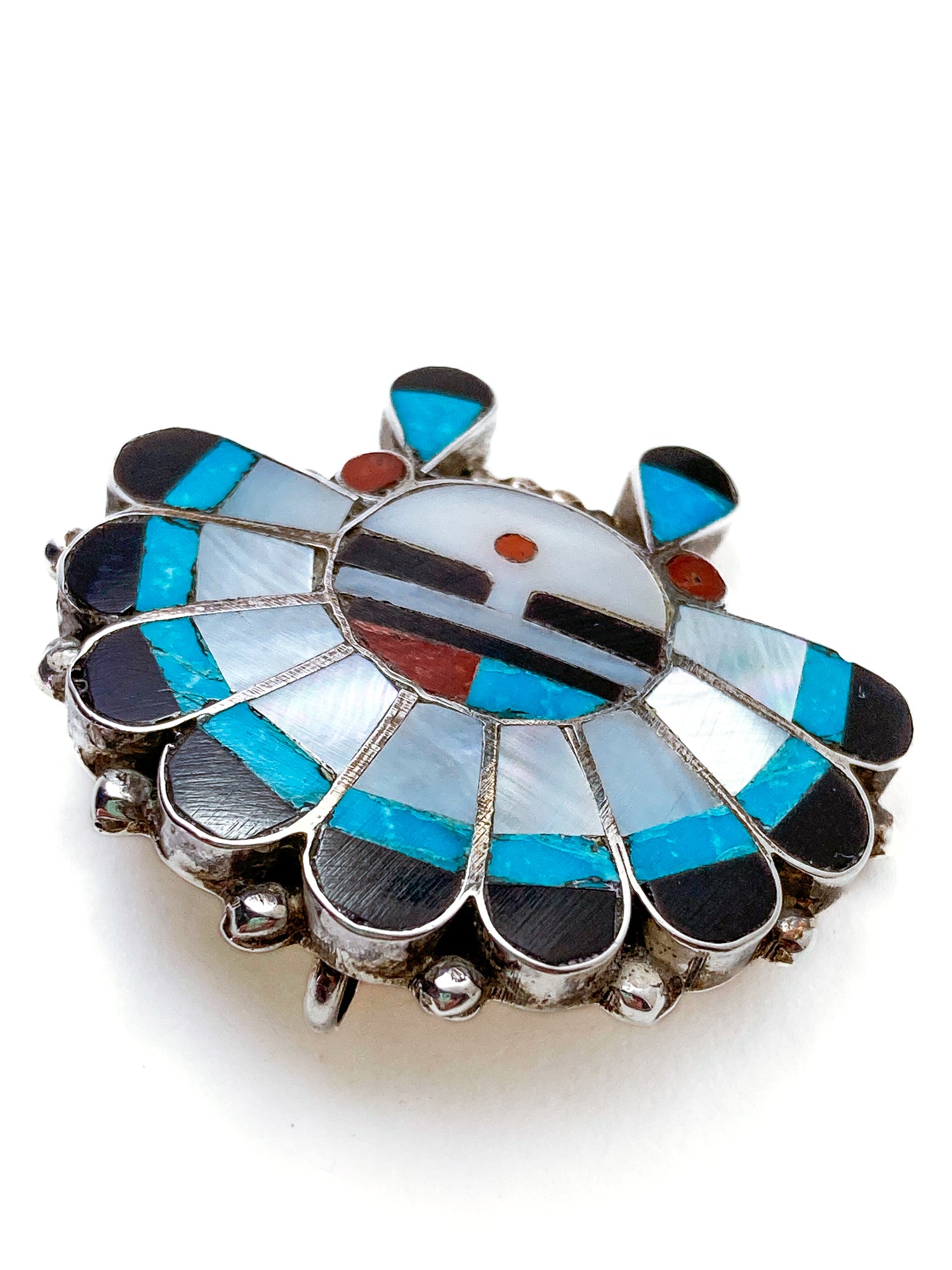 Vintage Zuni Sunface Sterling Silver Stone Inlay Pendant Brooch Pin