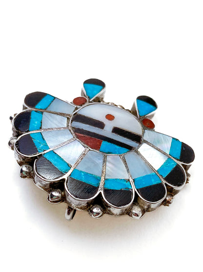 Vintage Zuni Sunface Sterling Silver Stone Inlay Pendant Brooch Pin