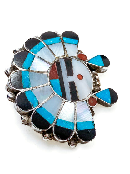 Vintage Zuni Sunface Sterling Silver Stone Inlay Pendant Brooch Pin