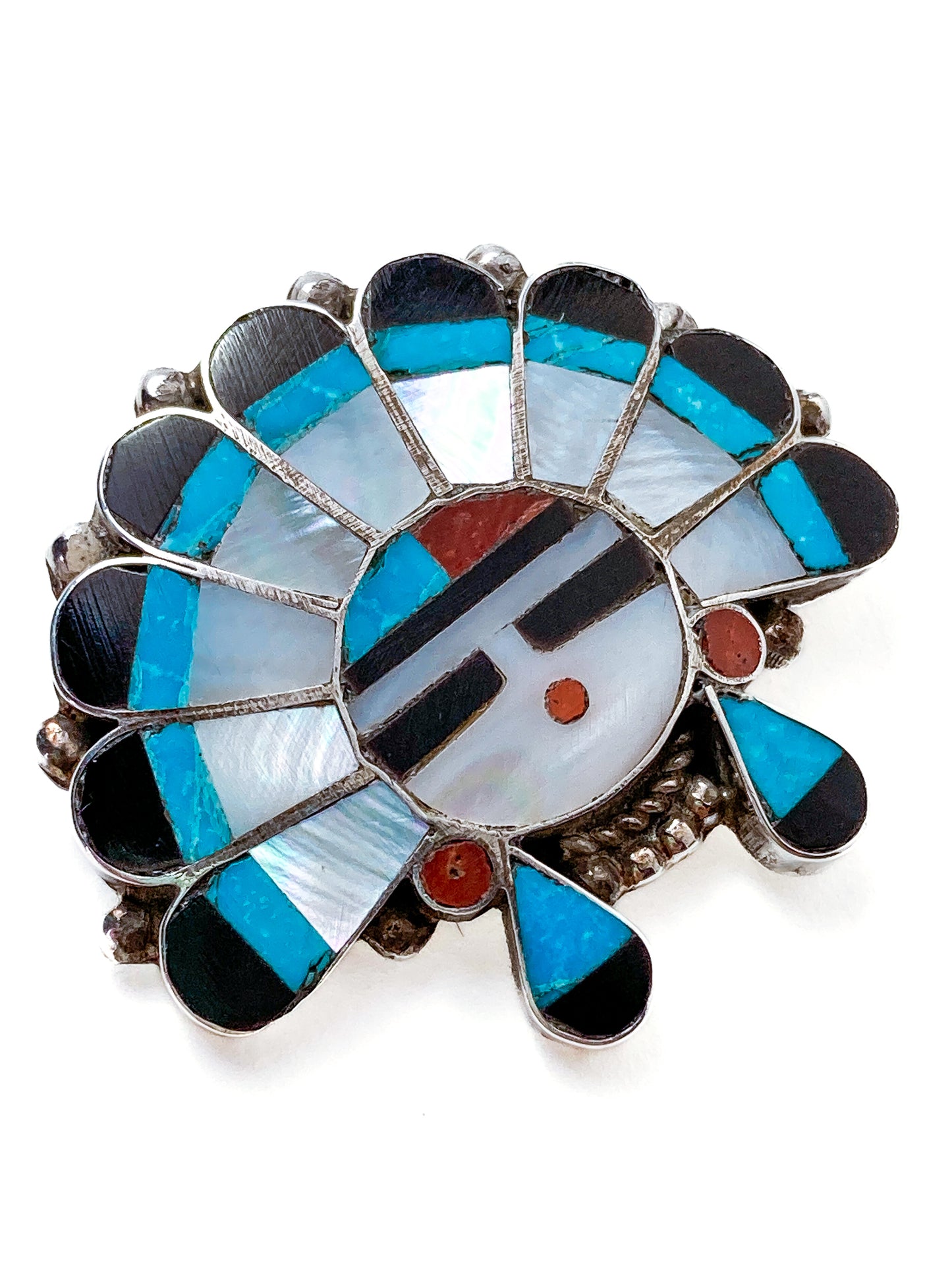 Vintage Zuni Sunface Sterling Silver Stone Inlay Pendant Brooch Pin