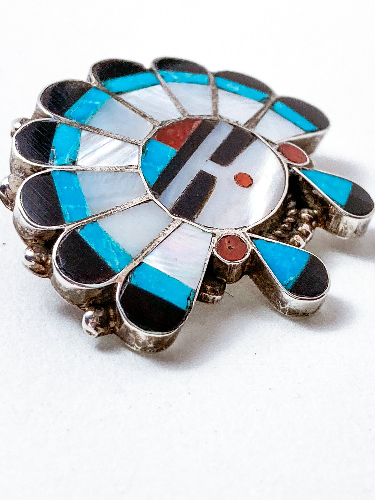 Vintage Zuni Sunface Sterling Silver Stone Inlay Pendant Brooch Pin