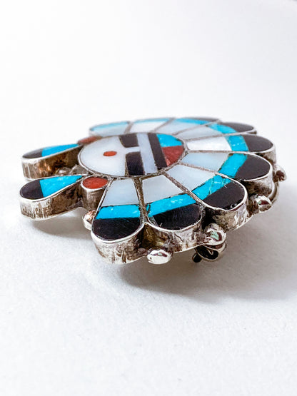 Vintage Zuni Sunface Sterling Silver Stone Inlay Pendant Brooch Pin