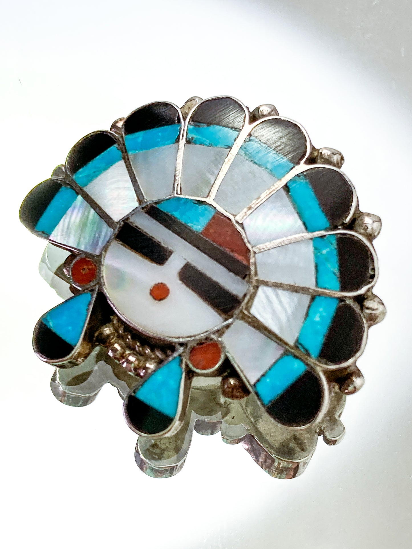Vintage Zuni Sunface Sterling Silver Stone Inlay Pendant Brooch Pin