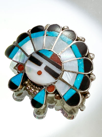 Vintage Zuni Sunface Sterling Silver Stone Inlay Pendant Brooch Pin