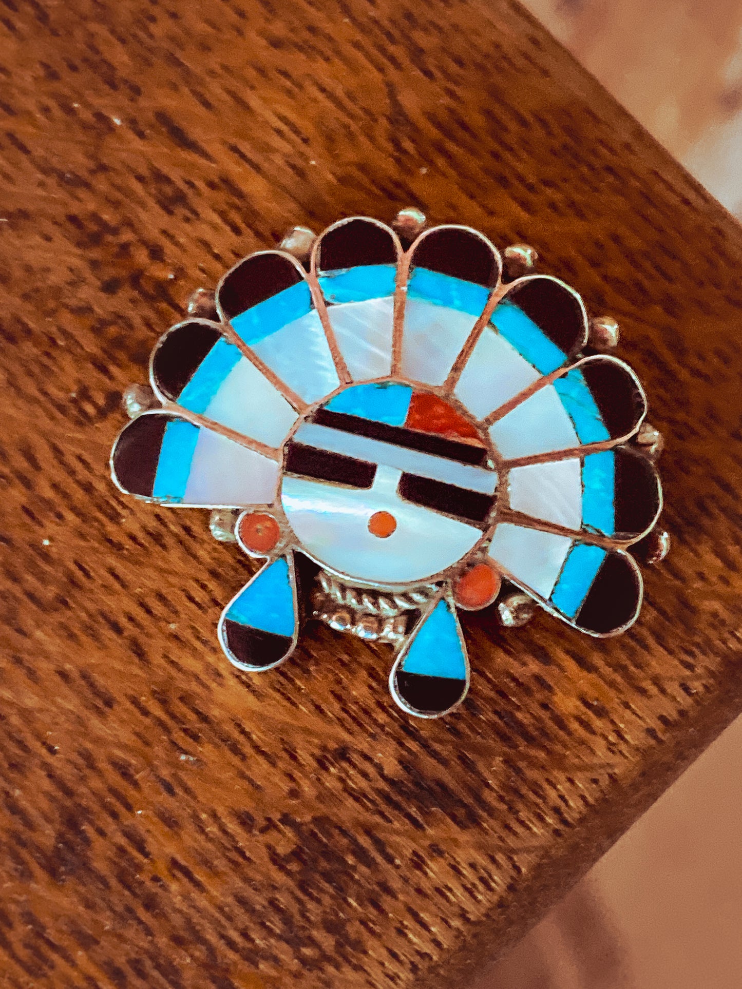 Vintage Zuni Sunface Sterling Silver Stone Inlay Pendant Brooch Pin